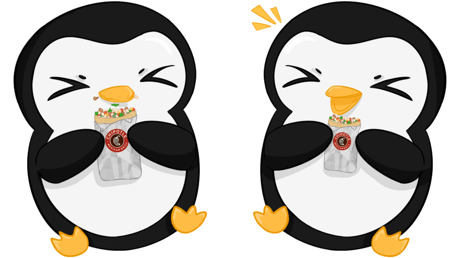 Two penguins happily eating a burrito.