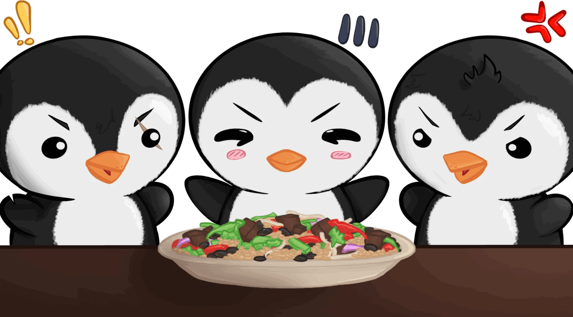 Three penguins sat around a shared bowl of food.